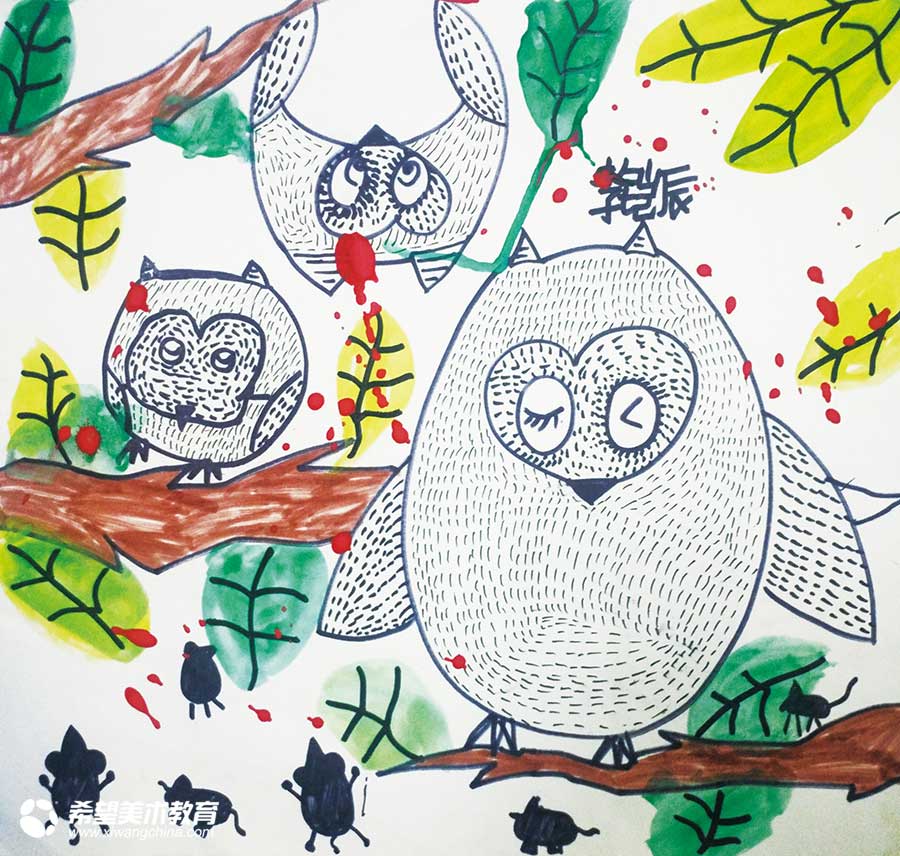希望美术教育少儿美术作品猫头鹰