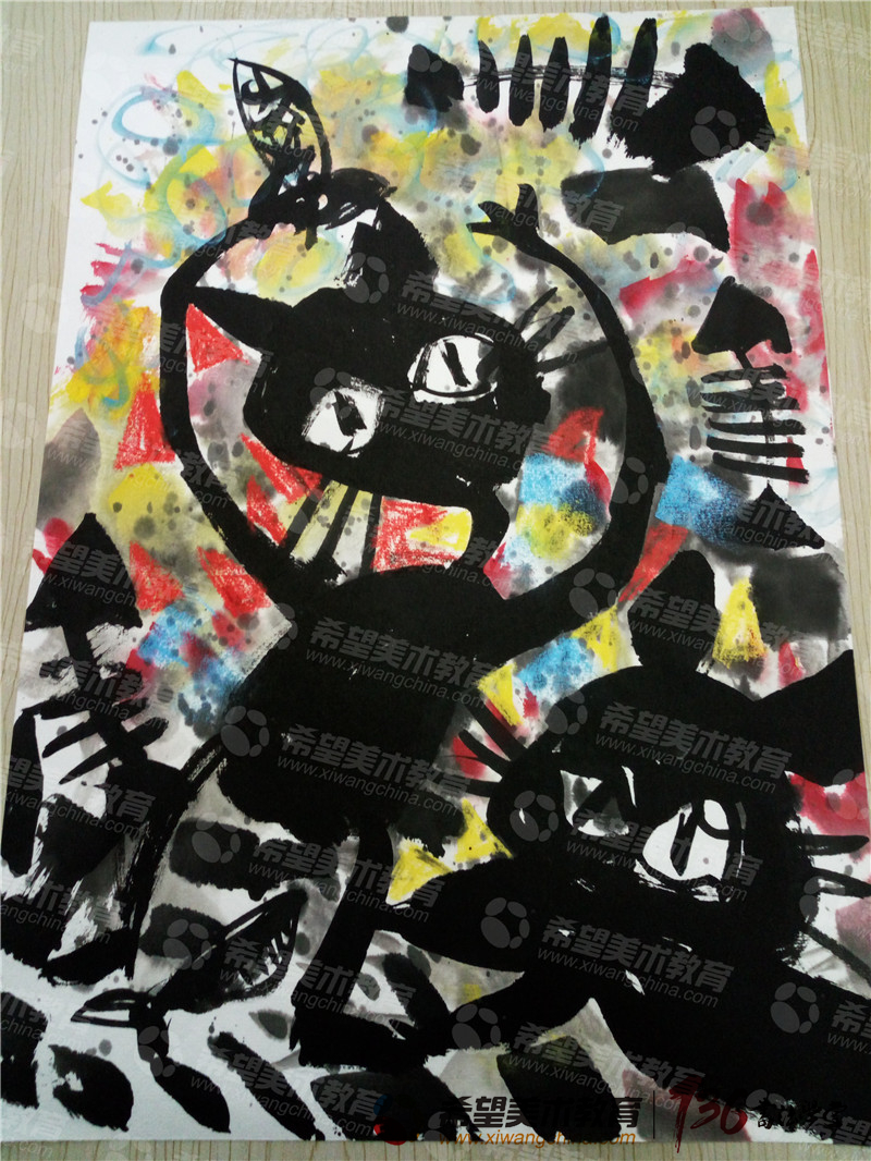 少儿美术作品《黑猫吃鱼》